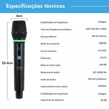 Carregar imagem no visualizador da galeria, Microfone Sem Fio UHF – 1 Transmissor + 2 Receptores, LED RGB, Som Profissional, Bateria de Longa Duração