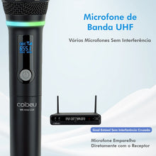 Carregar imagem no visualizador da galeria, Microfone Sem Fio UHF – 1 Transmissor + 2 Receptores, LED RGB, Som Profissional, Bateria de Longa Duração