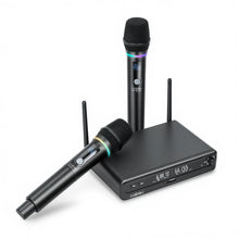 Carregar imagem no visualizador da galeria, Microfone Sem Fio UHF – 1 Transmissor + 2 Receptores, LED RGB, Som Profissional, Bateria de Longa Duração