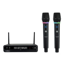 Carregar imagem no visualizador da galeria, Microfone Sem Fio UHF – 1 Transmissor + 2 Receptores, LED RGB, Som Profissional, Bateria de Longa Duração